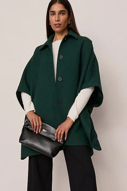 ANN TAYLOR NWT Buttoned Trench Cape Dark Green Wool Blend Women's MP