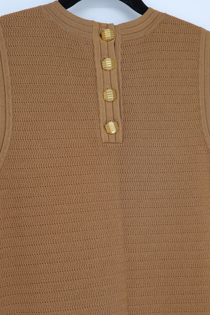 ST. JOHN Purl Knit Midi Sheath Dress Beige Sleeveless Gold Buttons Women's L
