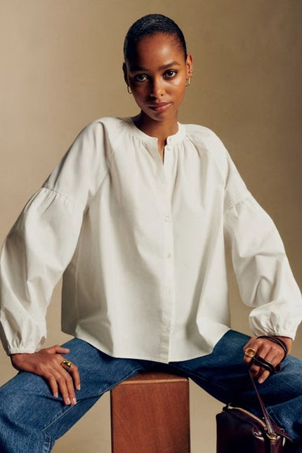 SEZANE Nerissa Button Up Shirt Ecru White Oragnic Cotton Poplin Women's 40/US 8