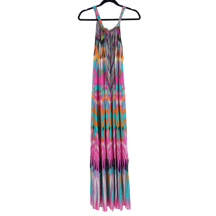 Camilla Printed Silk Maxi Dress Pink Turquoise High Neck Embellished Women's O/S