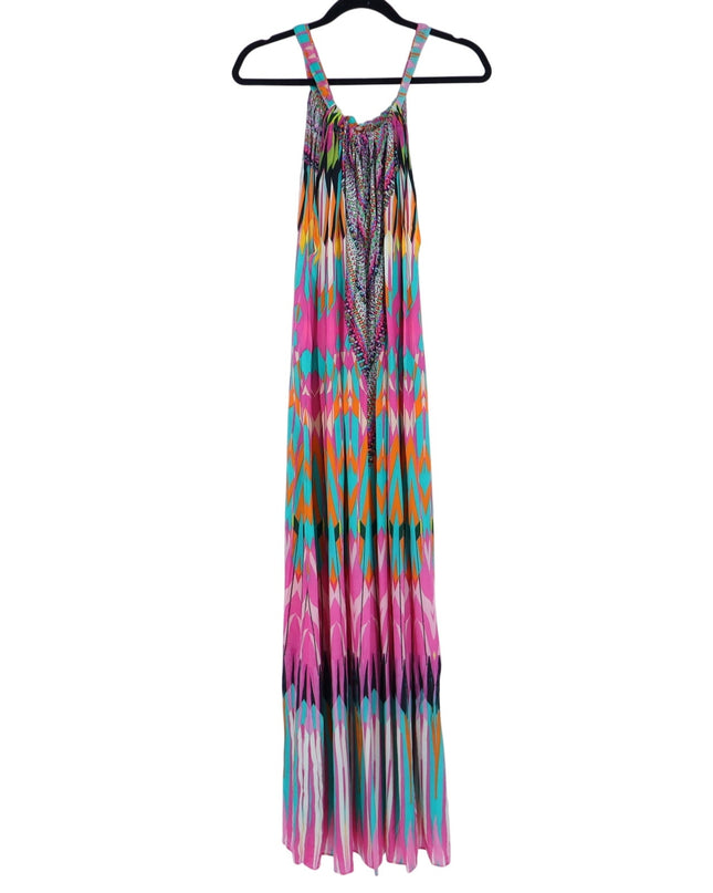 Camilla Printed Silk Maxi Dress Pink Turquoise High Neck Embellished Women's O/S