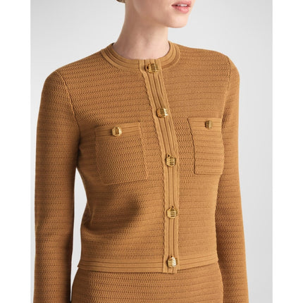 ST. JOHN Racking Stitch Knit Cardigan Tan Front Pockets Button Up Women's L
