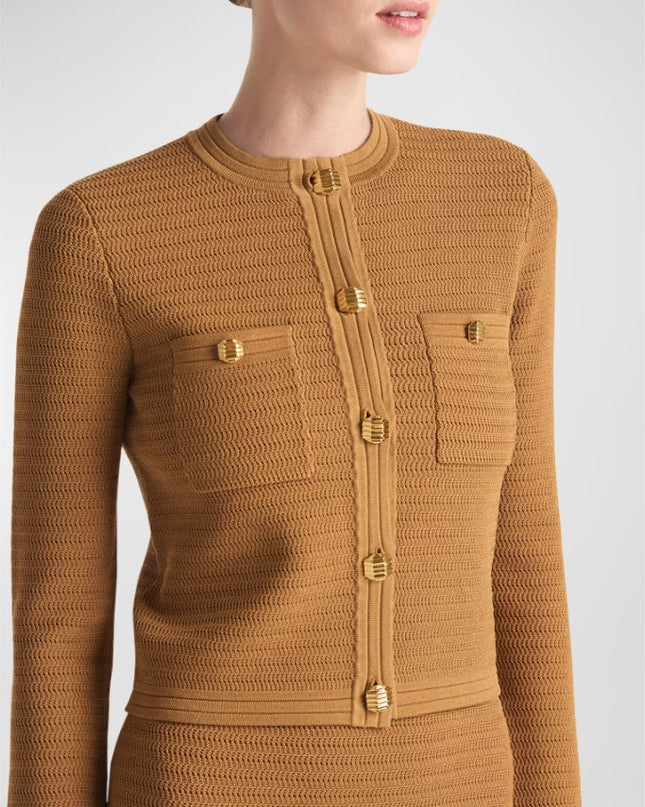 ST. JOHN Racking Stitch Knit Cardigan Tan Front Pockets Button Up Women's L