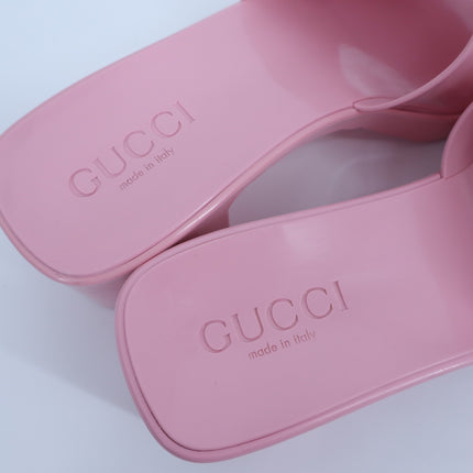 GUCCI Platform Heeled Slides Wild Rose Pink Rubber Logo Slip On Women's 36/US 6