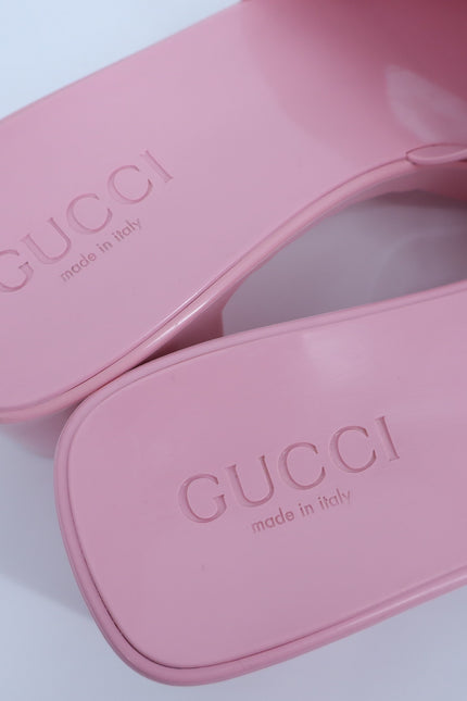 GUCCI Platform Heeled Slides Wild Rose Pink Rubber Logo Slip On Women's 36/US 6