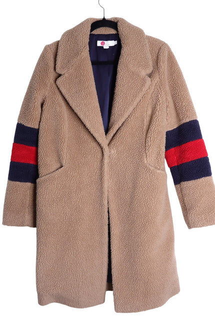 BODEN Hereford Teddy Bear Coat Tan Long Sleeve Elbow Stripes Women's 2
