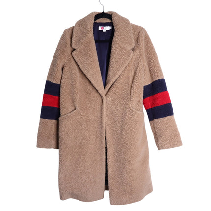 BODEN Hereford Teddy Bear Coat Tan Long Sleeve Elbow Stripes Women's 2