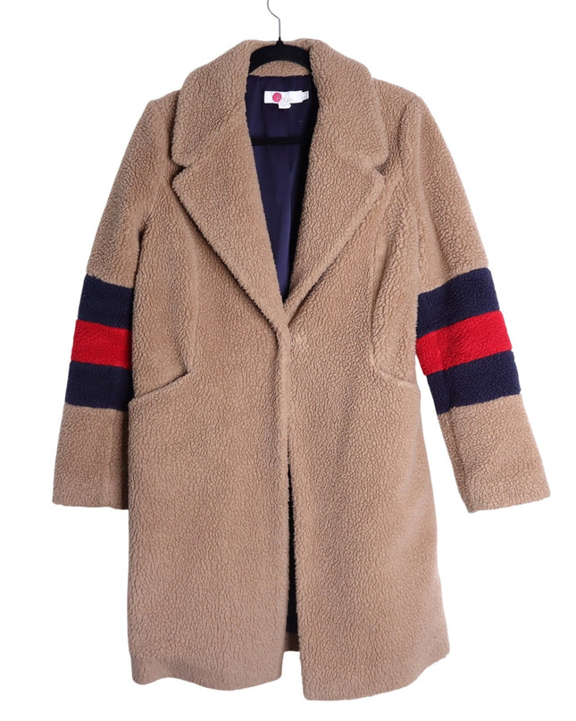 BODEN Hereford Teddy Bear Coat Tan Long Sleeve Elbow Stripes Women's 2