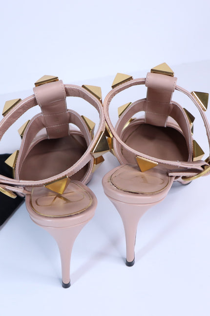 VALENTINO Roman Stud Leather Heeled Sandal Blush Pink Pointed Toe Women's 36